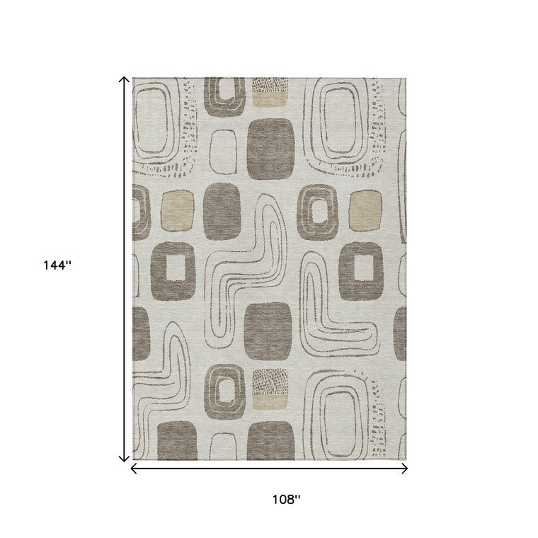 9' X 12' Beige Taupe And Tan Geometric Washable Indoor Outdoor Area Rug - Beige, Taupe, Tan