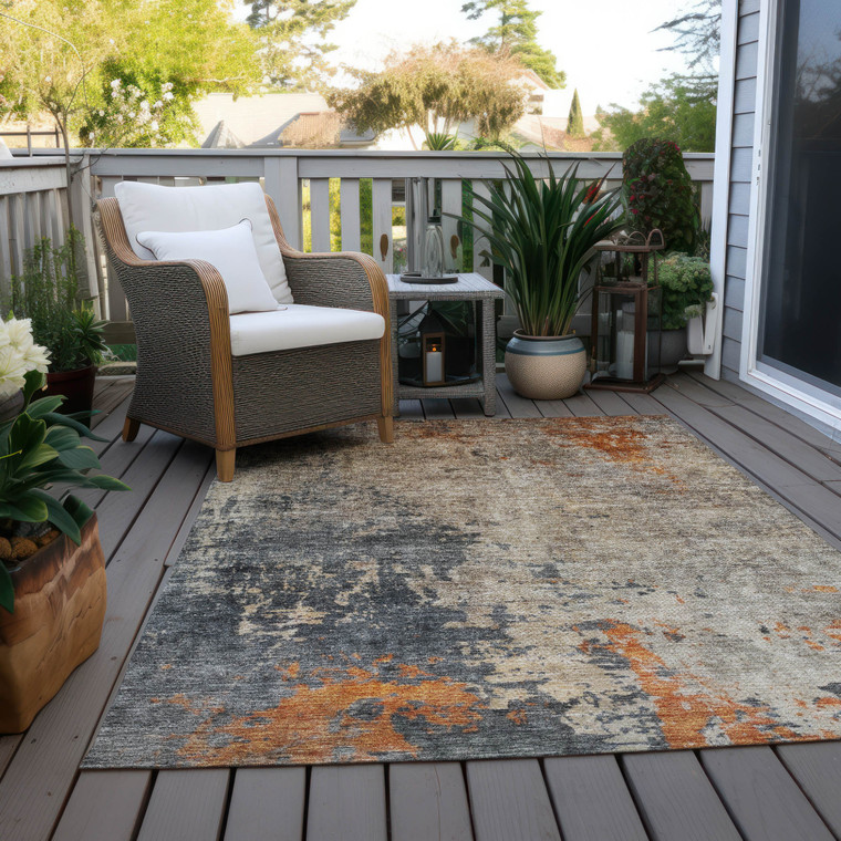 9' X 12' Khaki Gray And Copper Abstract Washable Indoor Outdoor Area Rug