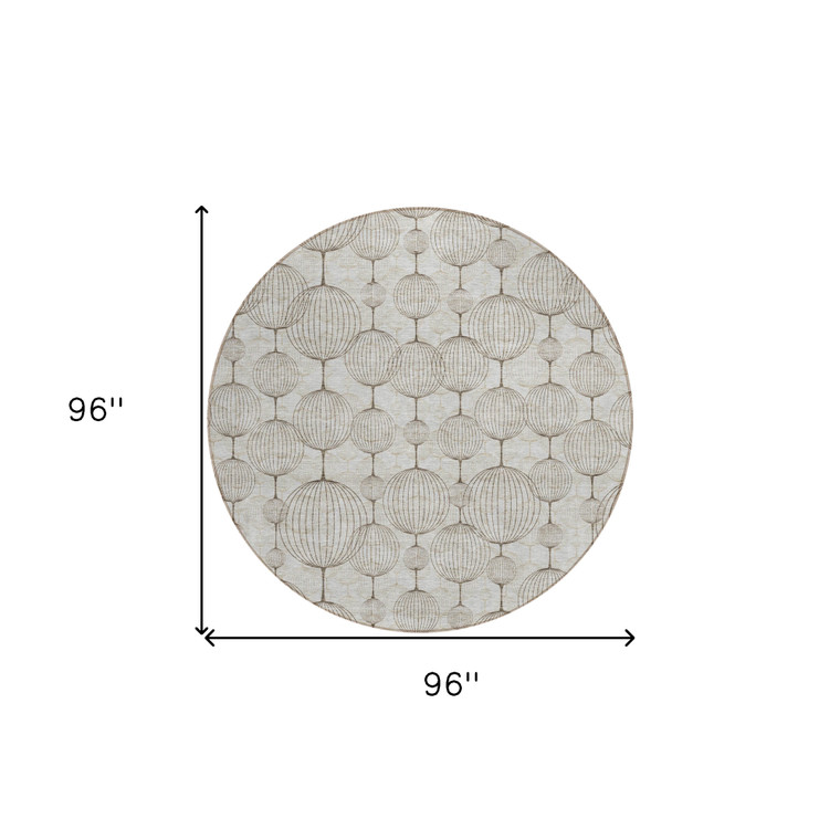 8' Beige And Brown Round Geometric Washable Indoor Outdoor Area Rug