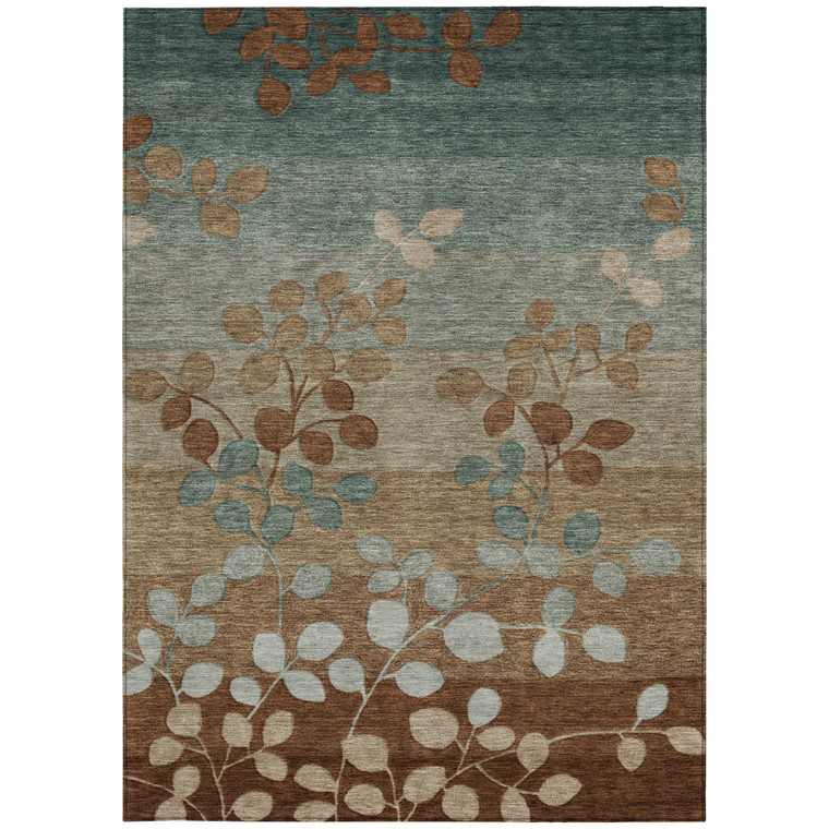 8' X 10' Brown And Teal Blue Floral Washable Indoor Outdoor Area Rug