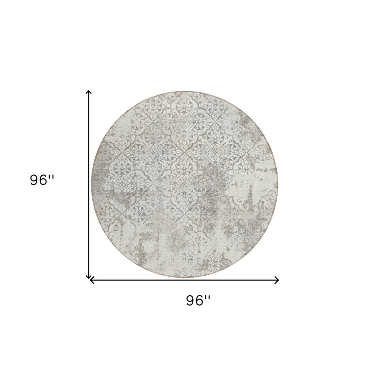8' Ivory Beige And Taupe Round Floral Washable Indoor Outdoor Area Rug - Ivory, Beige, Taupe