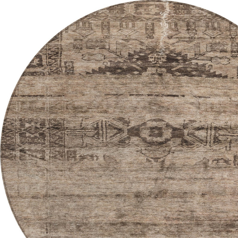 8' Brown And Taupe Round Medallion Washable Indoor Outdoor Area Rug