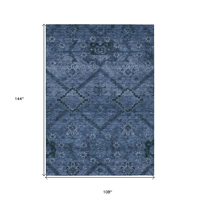 9' X 12' Navy Blue And Denim Blue Floral Washable Indoor Outdoor Area Rug - Navy Blue, Denim Blue