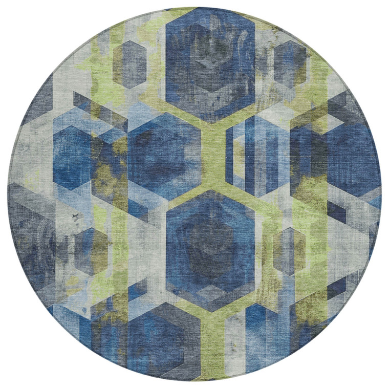 8' Navy Blue Gold And Silver Round Geometric Washable Indoor Outdoor Area Rug