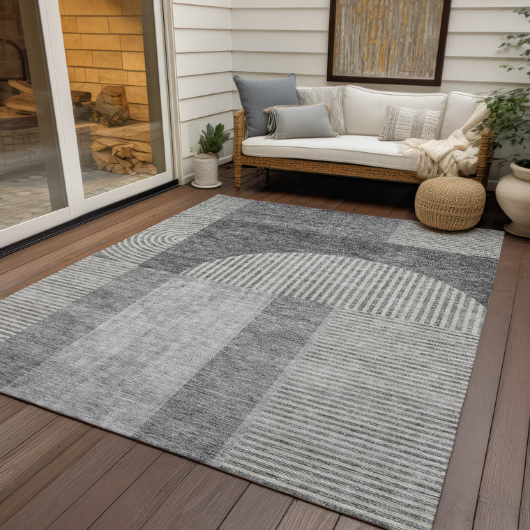 8' X 10' Gray Silver And Charcoal Geometric Washable Indoor Outdoor Area Rug Transitional Style - Gray, Silver, Charcoal Color