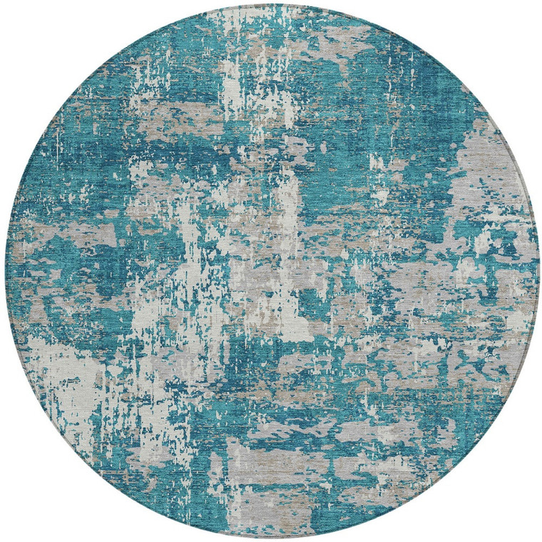 8' Teal Blue Gray And Ivory Round Abstract Washable Indoor Outdoor Area Rug