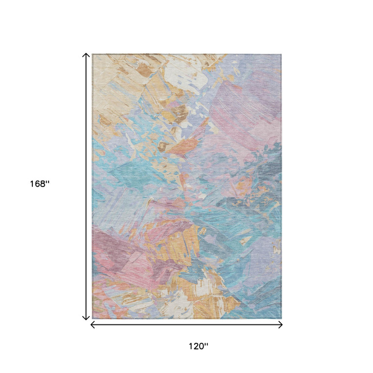 10' X 14' Teal Blue Gold And Pink Abstract Washable Indoor Outdoor Area Rug