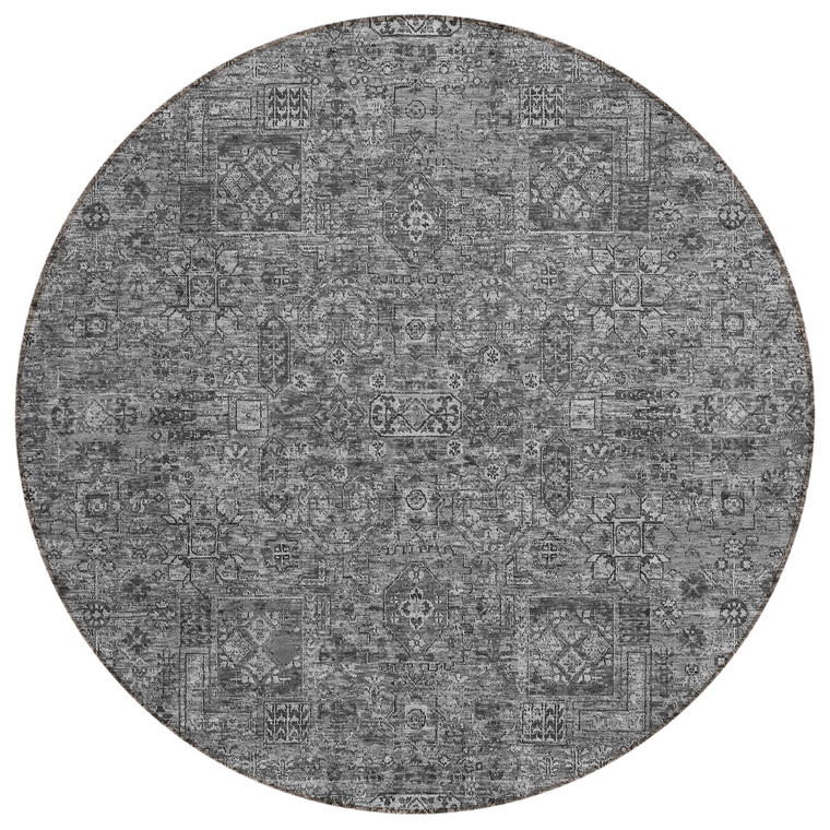 8' Charcoal And Silver Round Floral Washable Indoor Outdoor Area Rug