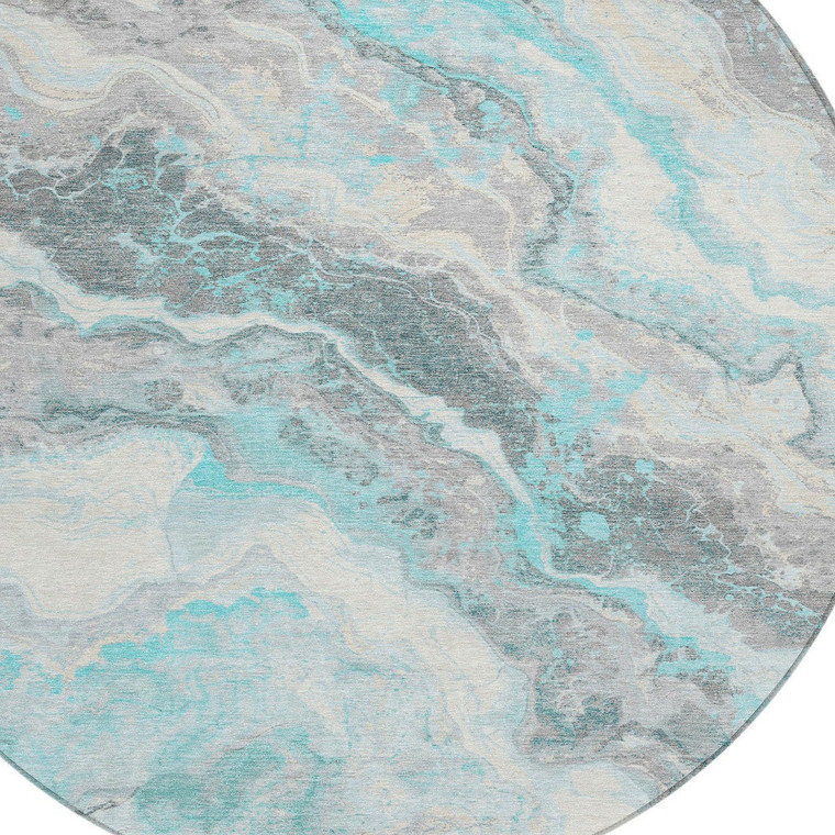 8' Teal Blue And Silver Round Abstract Washable Indoor Outdoor Area Rug
