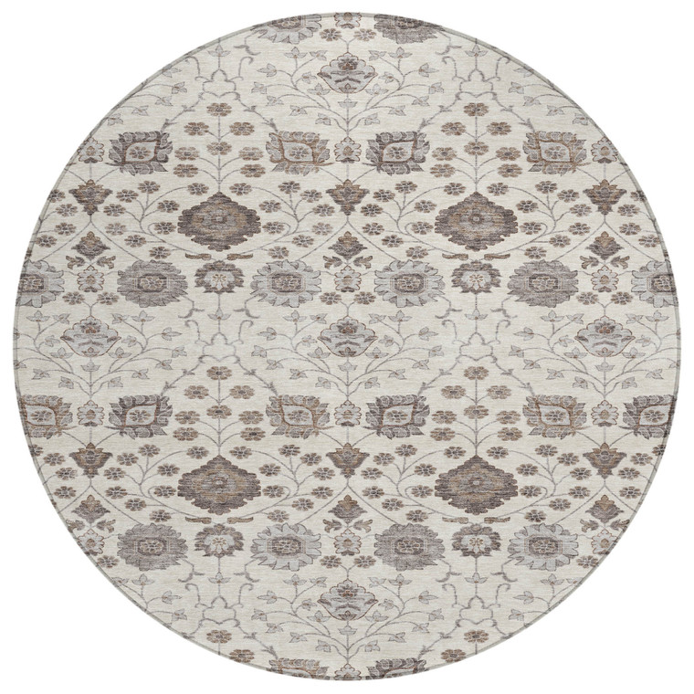 8' Ivory Brown And Gray Round Floral Washable Indoor Outdoor Area Rug
