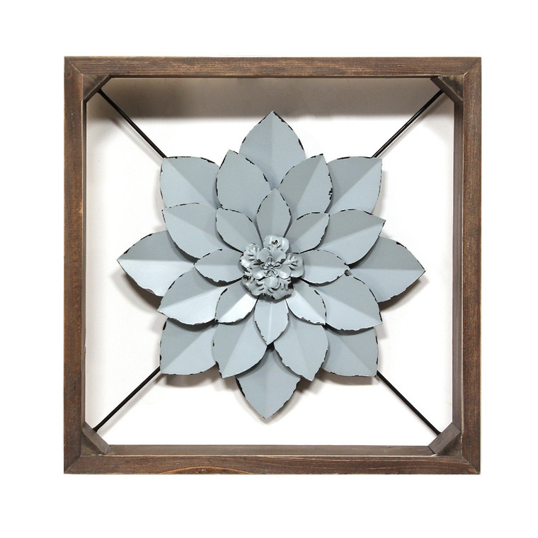 Pale Blue Metal Flower in Walnut Finish Frame - 4512839443928