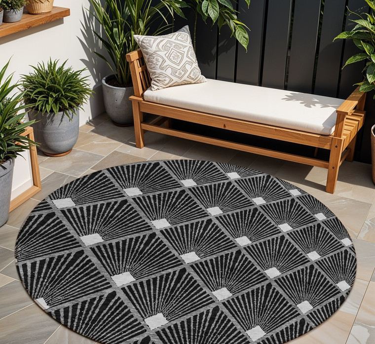 8' Black Gray And Ivory Round Geometric Washable Indoor Outdoor Area Rug - Black, Gray, Ivory