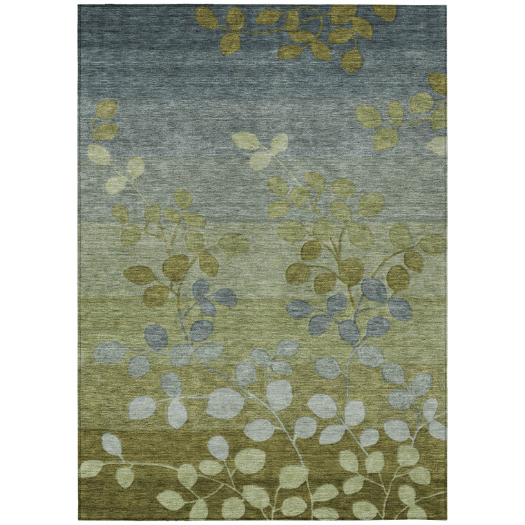 10' X 14' Olive Green And Gray Floral Washable Indoor Outdoor Area Rug - Olive Green, Gray