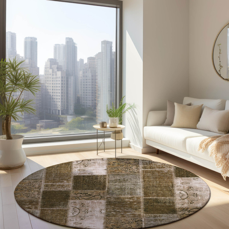 8' Brown And Ivory Round Patchwork Washable Indoor Outdoor Area Rug