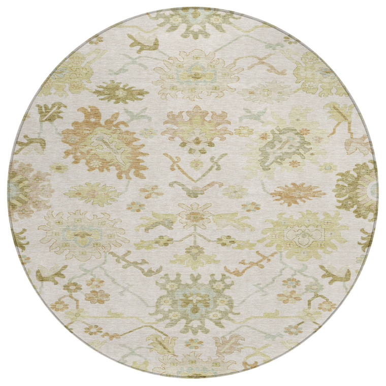 8' Ivory Green And Tan Round Floral Washable Indoor Outdoor Area Rug
