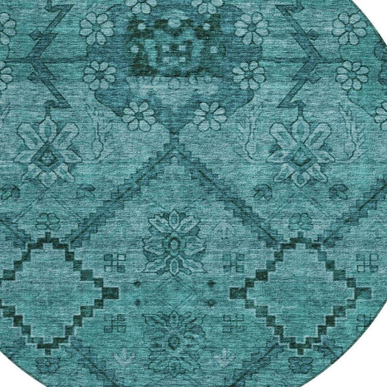 8' Teal Blue And Aqua Round Floral Washable Indoor Outdoor Area Rug - Teal Blue, Aqua