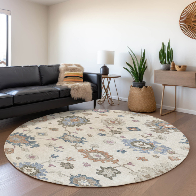 8' Ivory Brown And Blue Round Floral Washable Indoor Outdoor Area Rug