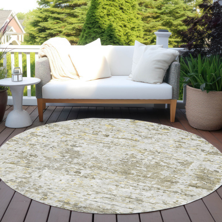 8' Taupe Light Yellow And Ivory Round Abstract Washable Indoor Outdoor Area Rug