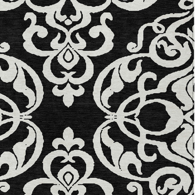 9' X 12' Black And Ivory Damask Washable Indoor Outdoor Area Rug