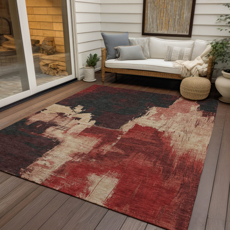 10' X 14' Brick Red And Red Abstract Washable Indoor Outdoor Area Rug