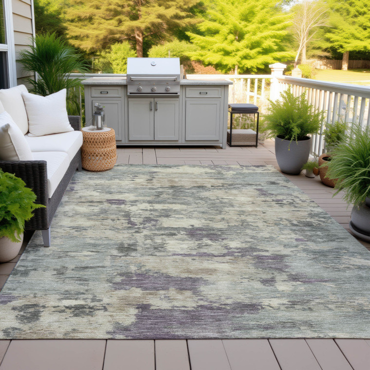 8' X 10' Sage Gray And Plum Abstract Washable Indoor Outdoor Area Rug