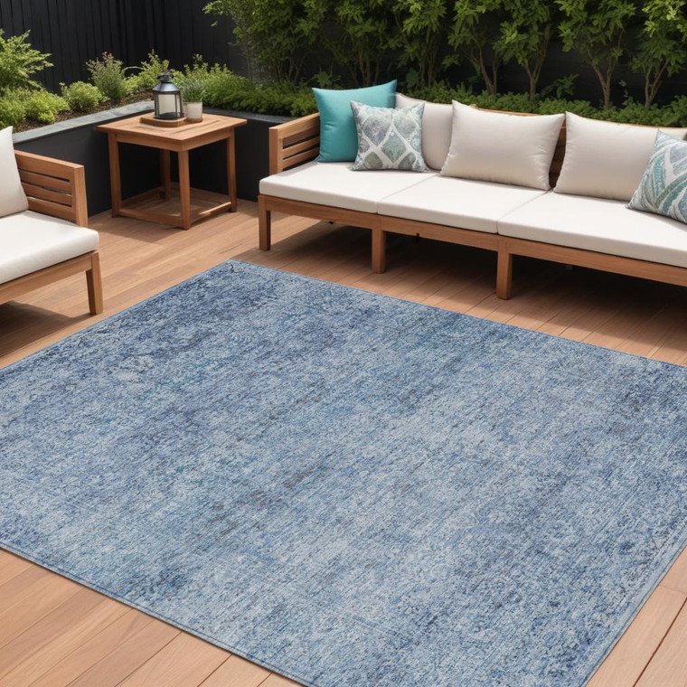 9' X 12' Blue And Ivory Abstract Washable Indoor Outdoor Area Rug - Blue, Ivory