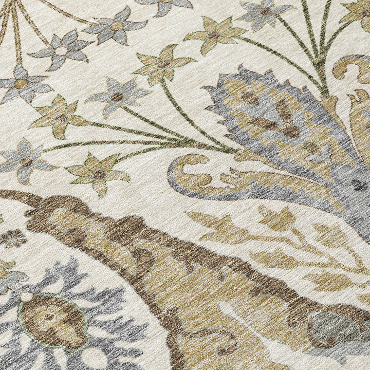 8' Ivory Green And Brown Round Floral Washable Indoor Outdoor Area Rug