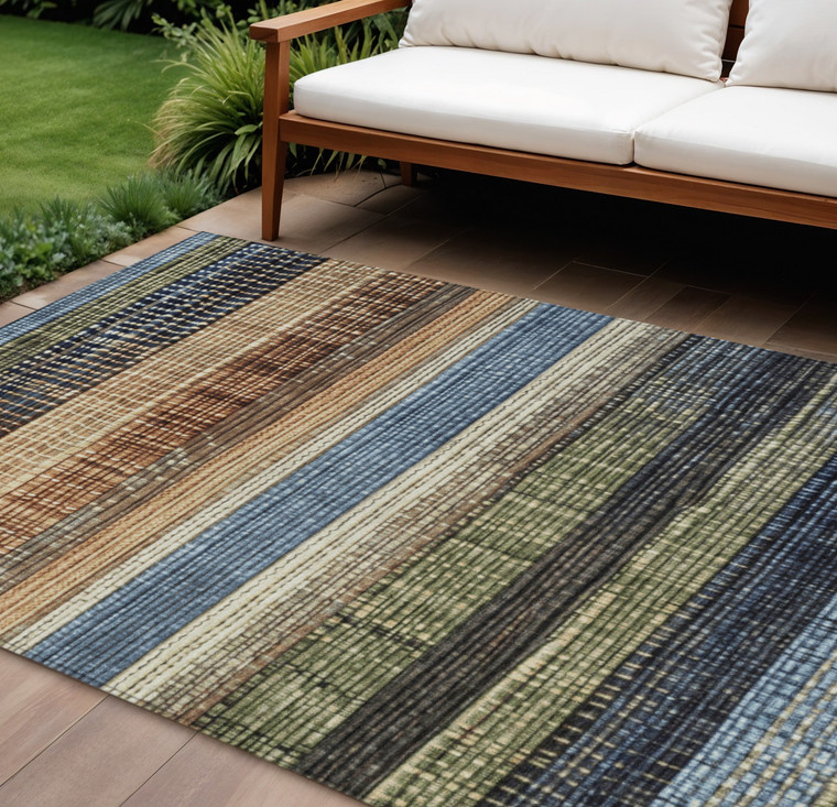 8' X 10' Blue And Brown Striped Washable Indoor Outdoor Area Rug