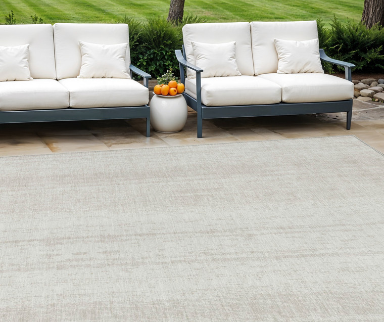 8' X 10' Ivory And Beige Striped Washable Indoor Outdoor Area Rug