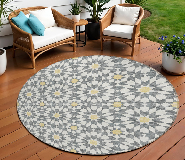 8' Gray Ivory And Gold Round Floral Medallion Washable Indoor Outdoor Area Rug