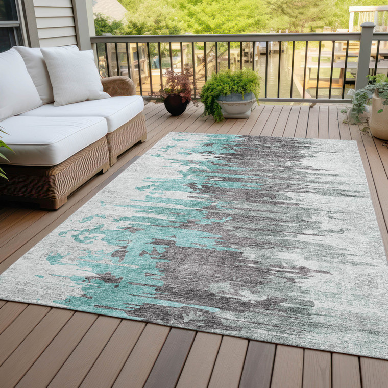 8' X 10' Teal Blue Charcoal And Silver Abstract Washable Indoor Outdoor Area Rug