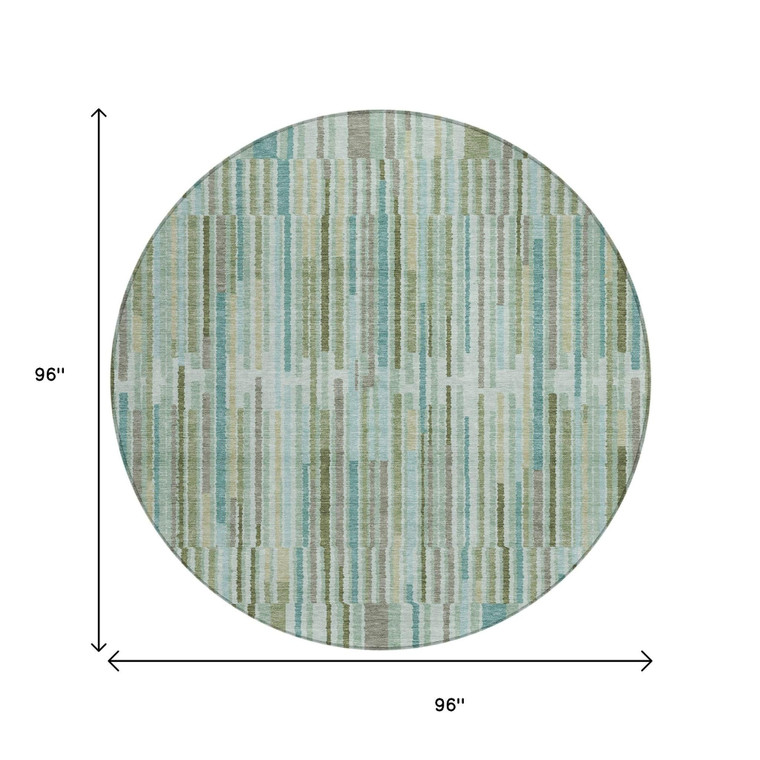 8' Artichoke Green And Teal Blue Round Striped Washable Indoor Outdoor Area Rug