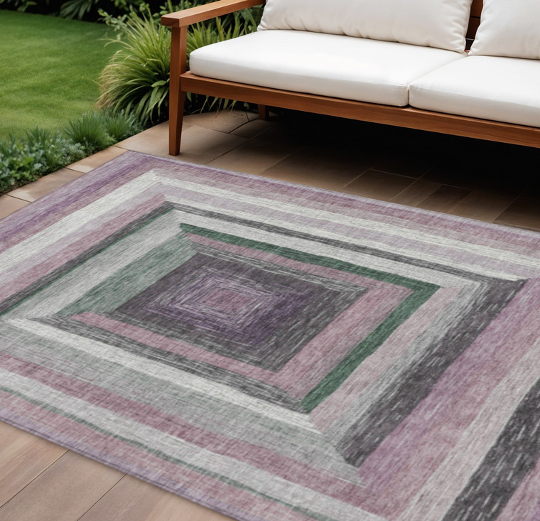 10' X 14' Blush Gray And Green Geometric Washable Indoor Outdoor Area Rug