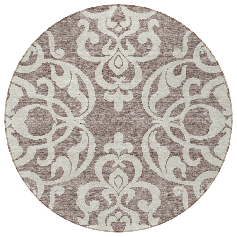 8' Taupe And Ivory Round Damask Washable Indoor Outdoor Area Rug