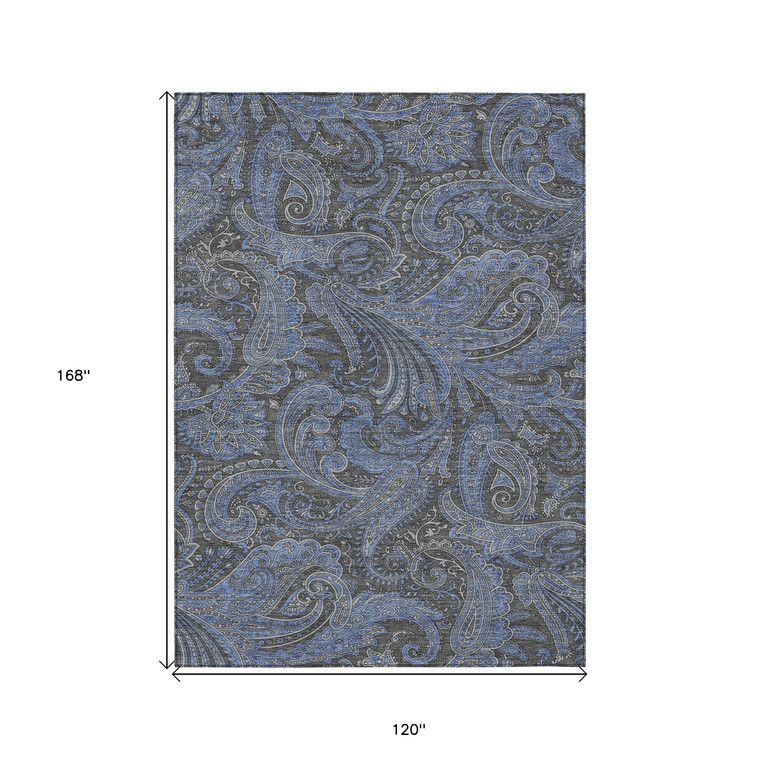 10' X 14' Charcoal Gray And Blue Paisley Washable Indoor Outdoor Area Rug