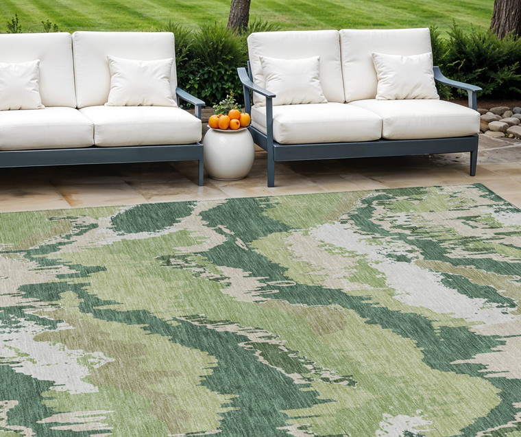 9' X 12' Green Ivory And Beige Abstract Washable Indoor Outdoor Area Rug