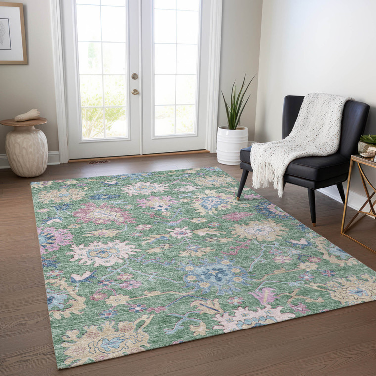 10' X 14' Sage Ivory And Pink Floral Washable Indoor Outdoor Area Rug