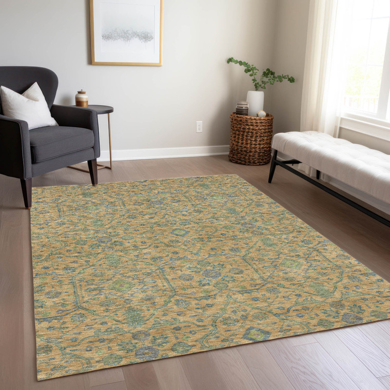 9' X 12' Orange Blue And Green Floral Washable Indoor Outdoor Area Rug