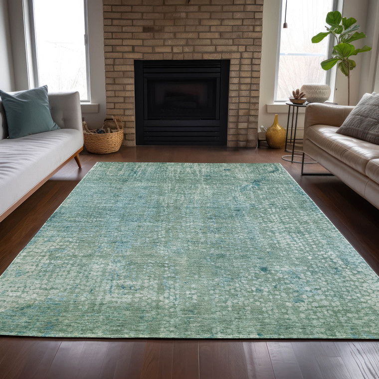 9' X 12' Teal Blue And Ivory Abstract Washable Indoor Outdoor Area Rug - Teal Blue, Ivory
