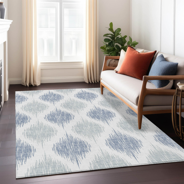 10' X 14' Sky Blue Ivory And Denim Blue Ikat Washable Indoor Outdoor Area Rug