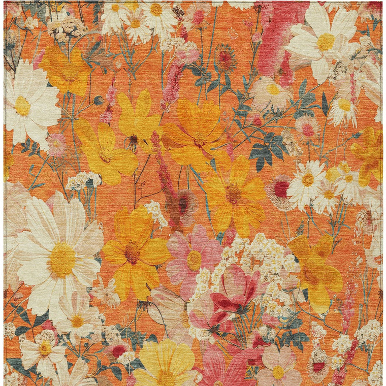 10' X 14' Orange Peach And Salmon Floral Washable Indoor Outdoor Area Rug