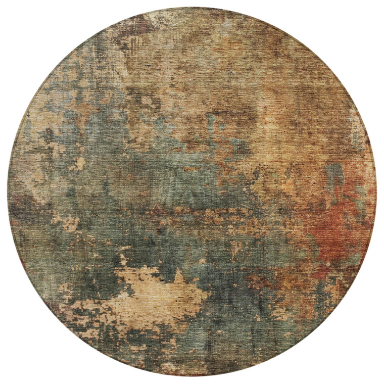 8' Sage Tan And Copper Round Abstract Washable Indoor Outdoor Area Rug