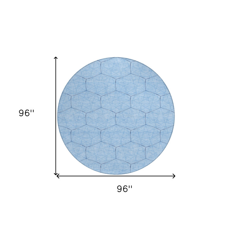 8' Sky Blue And Black Round Geometric Washable Indoor Outdoor Area Rug