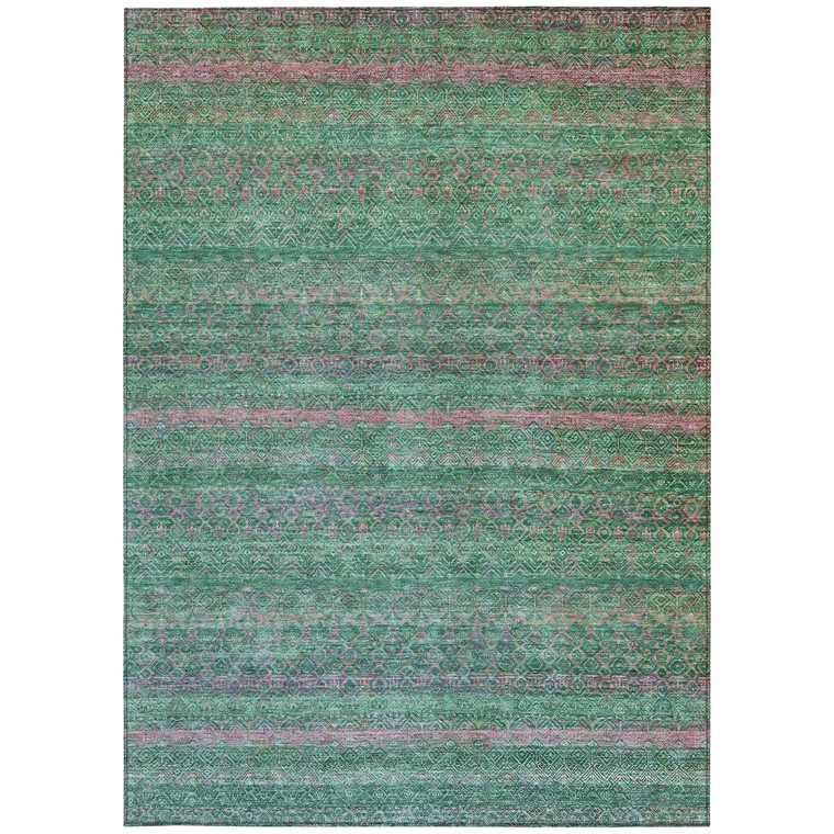 10' X 14' Green And Blush Striped Washable Indoor Outdoor Area Rug