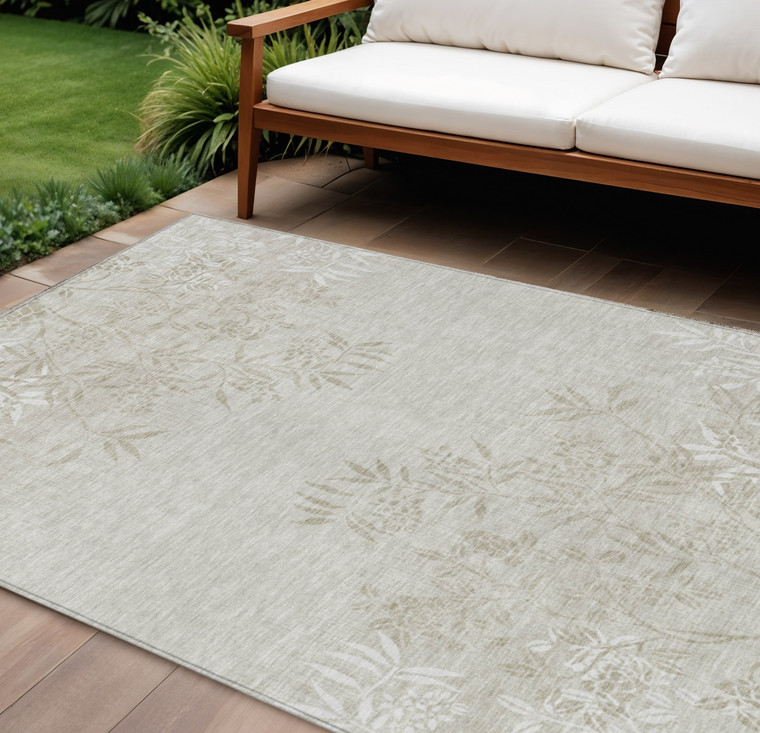 9' X 12' Beige Tan And Ivory Floral Washable Indoor Outdoor Area Rug