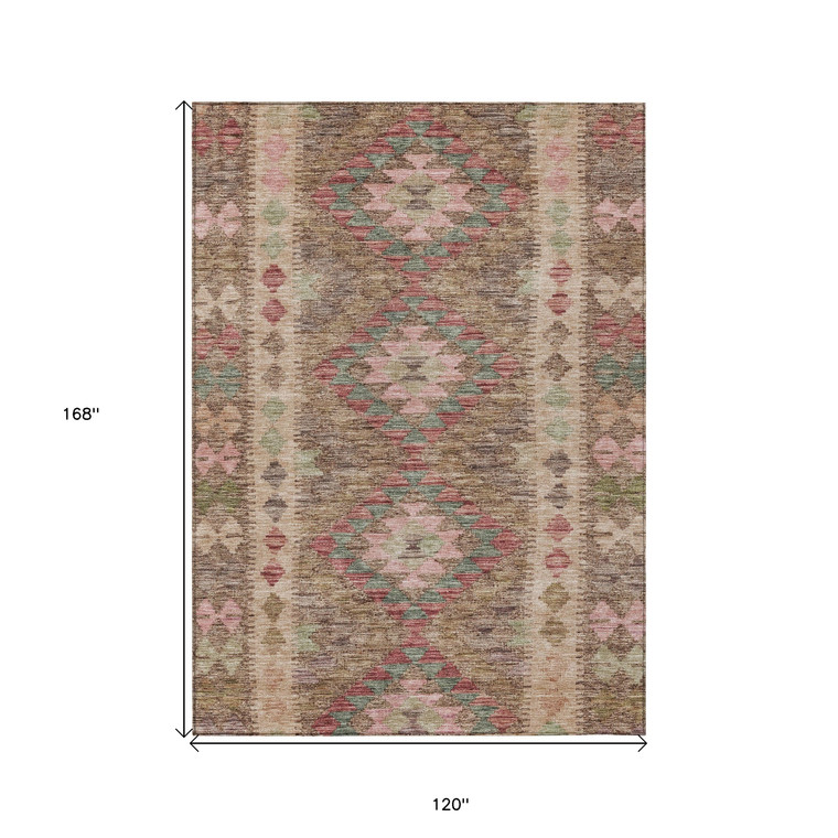 10' X 14' Brown Geometric Washable Indoor Outdoor Area Rug - Brown