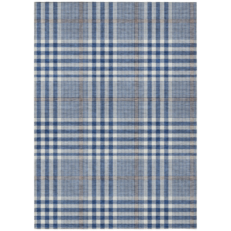 10' X 14' Navy Blue Ivory And Brown Plaid Washable Indoor Outdoor Area Rug