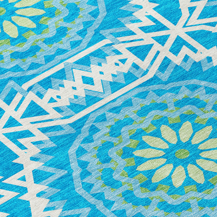 8' Ivory And Sky Blue Round Floral Medallion Washable Indoor Outdoor Area Rug