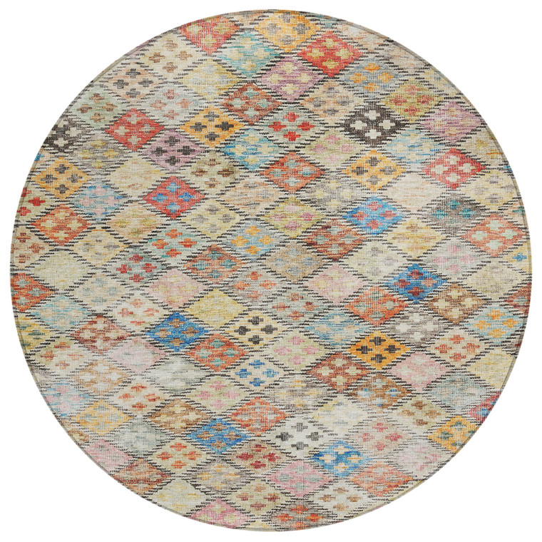 8' Terra Cotta Beige And Teal Blue Round Geometric Washable Indoor Outdoor Area Rug