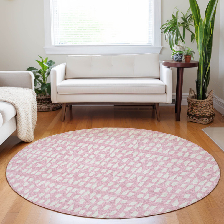 8' Pink And Ivory Round Geometric Washable Indoor Outdoor Area Rug - Pink, Ivory
